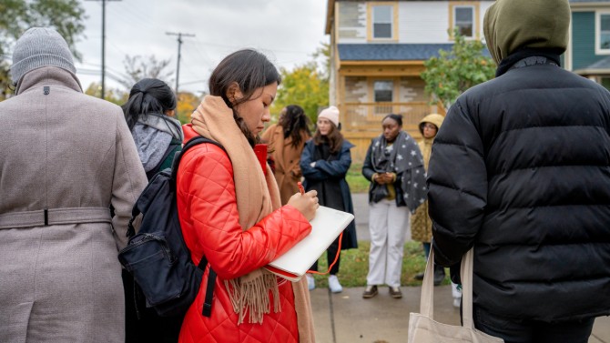 Jin Cho, MSAAD ’22, in Detroit’s NW Goldberg neighborhood with NW Goldberg Cares, a community development group sharing their pocket parks and community projects.