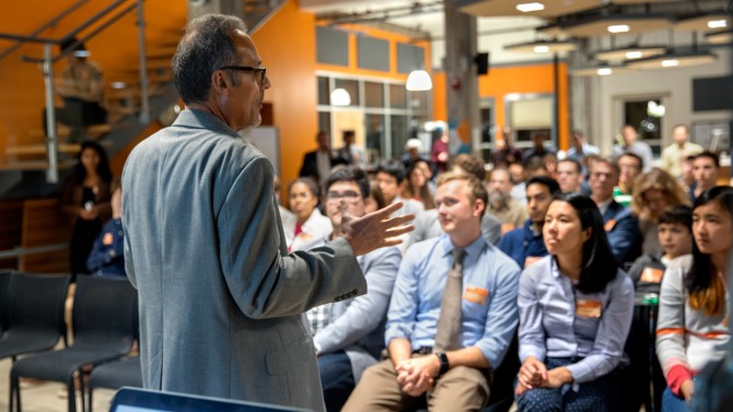 Emmanuel Giannelis at a Rev: Ithaca Startup Works event.