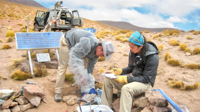 Jennifer Jay, Ph.D. ’14 and collaborator Branden Christensen deploy seismometers at Uturuncu during a 2010 field expedition.