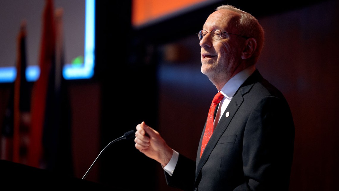 Interim President Michael I. Kotlikoff delivers the State of the University address Oct. 18 in Call Auditorium, during the Trustee-Council Annual Meeting.