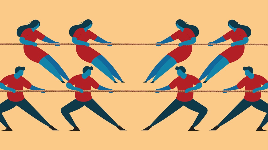 Illustration of men and women having a tug of war