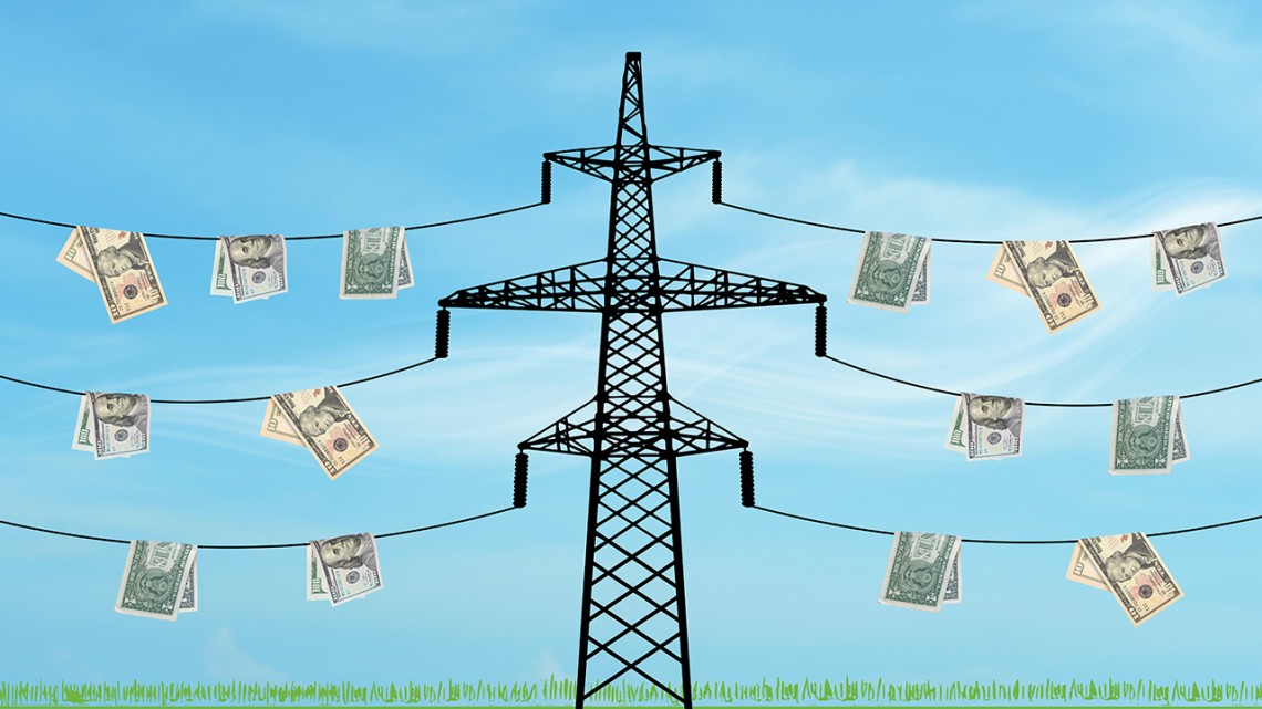 Illustration of electrical power lines with dollar bills hanging off of the lines
