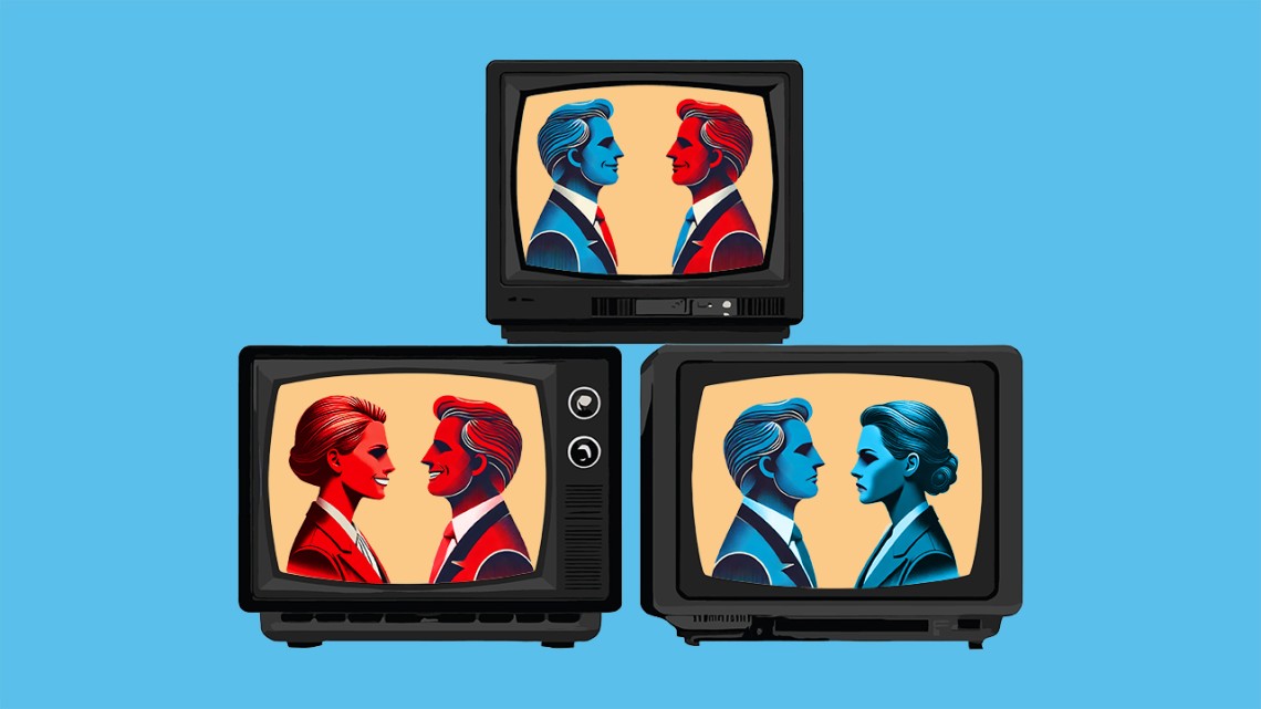 Illustration of three television sets with three sets of faces all mimicking each other